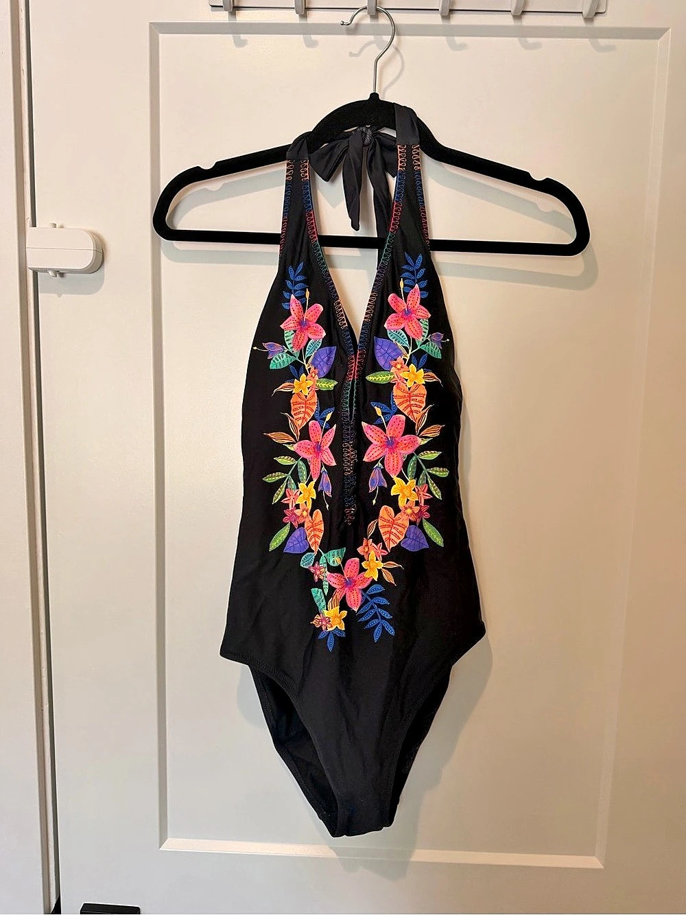 Johnny Was Scabiosa Halter One Piece Swimsuit Black M